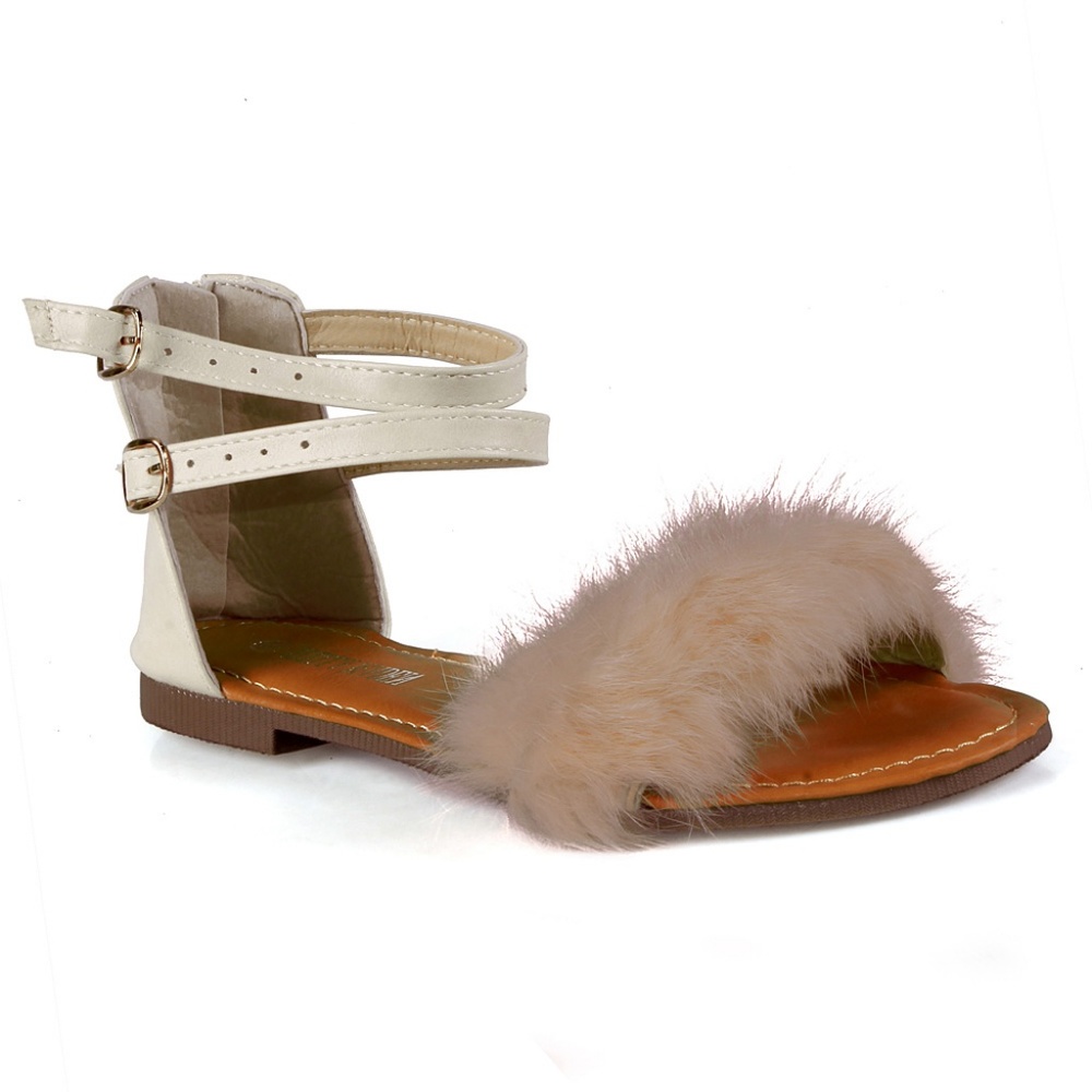 Fur Trim Ankle Strap Women's Flat Sandals